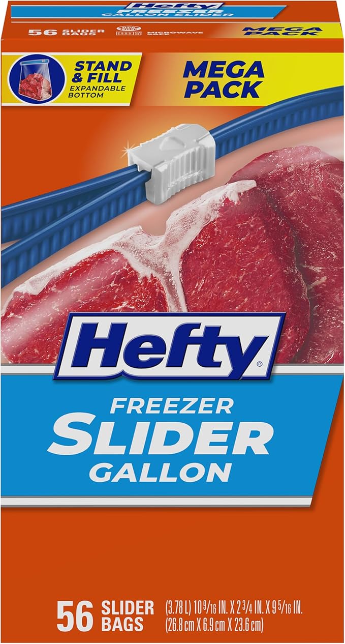Hefty Slider Freezer Bags, Gallon Size, 56ct | Gallon Freezer Bags, Freeze Leftovers, Meat, Fruit, Veggies, Desserts, Secure Slider Closure
