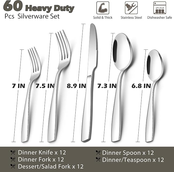 E-far 60 Pcs Heavy Duty Silverware Set for 12, Stainless Steel Flatware Set | Thick Metal Tableware Eating Utensils Include Forks Spoons Knives, Square Edge & Mirror Polished Cutlery, Dishwasher Safe