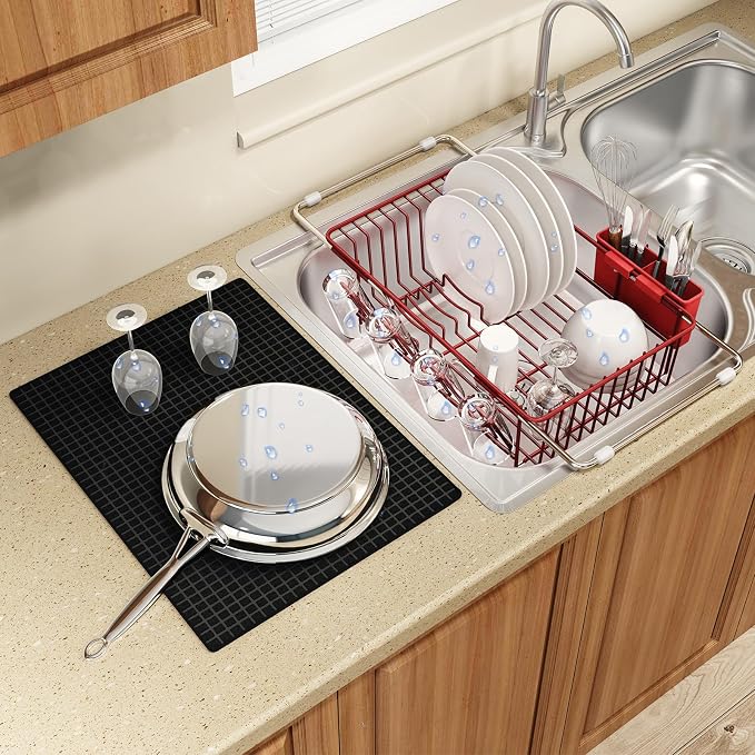 Red Dish Drying Rack Over The Sink with Utensil Holder, Mat | Expandable Stainless Steel Dish Drainer for Small Kitchen, Apartment, RV, Counter Space Saving, Perfect Fit, Rustproof