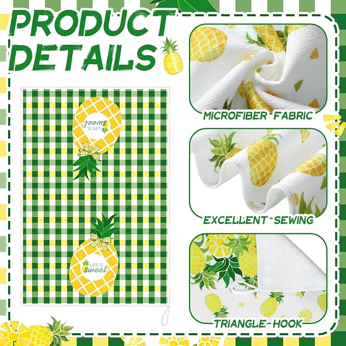 4 Pcs Pineapple Kitchen Towels, Green Grid Dish Towels Gift | Fast Drying Absorbent Dishcloths with Hanging Loop for Cleaning Cooking Baking, Farmhouse Kitchen Decor Housewarming Gift