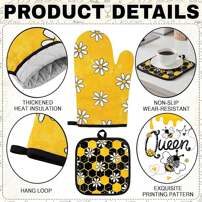 10 Pcs Kitchen Decor and Accessories Set, Bee Farmhouse | Honey Daisy Summer 4 Dish Towels Kitchen Rugs 2 Oven Mitts 2 Pot Holders, Home Decor for Cooking Baking BBQ Housewarming