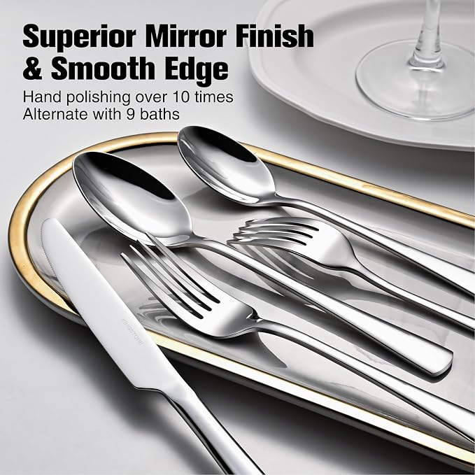 18/10 Stainless Steel Flatware, 20-Piece Forged Silverware Set for 4, Mirror Polished Cutlery Set Dishwaher Safe for Home, Restaurant, Wedding, Party | KINGSTONE Forged Cutlery Set, Mirror Polished Knives Fork and Spoon Utensils, Dishwaher Safe for Res...