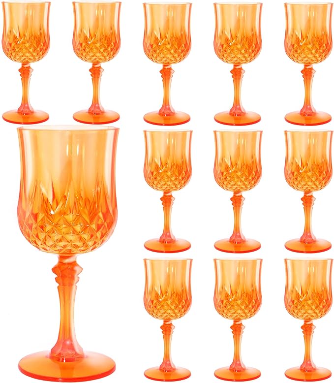 12Pack Plastic Wine Glasses, 7oz Vintage Goblets for Wedding | Unbreakable Crystal Style Reusable Stemware, Elegant Orange Drinking Glass for Party Anniversary & Holiday Celebration