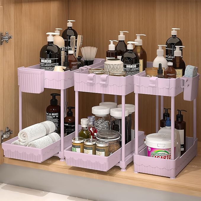 3 Pack Under Sink Organizers, 2-Tier Multi-Use Kitchen and Bathroom Organizers and Storage with Sliding Drawers, Bathroom Cabinet Organizer (Pink, 14.8 Inch) | Multi-use kitchen & bathroom storage, 14.8 inch pink cabinet organizer, space-saving sliding...