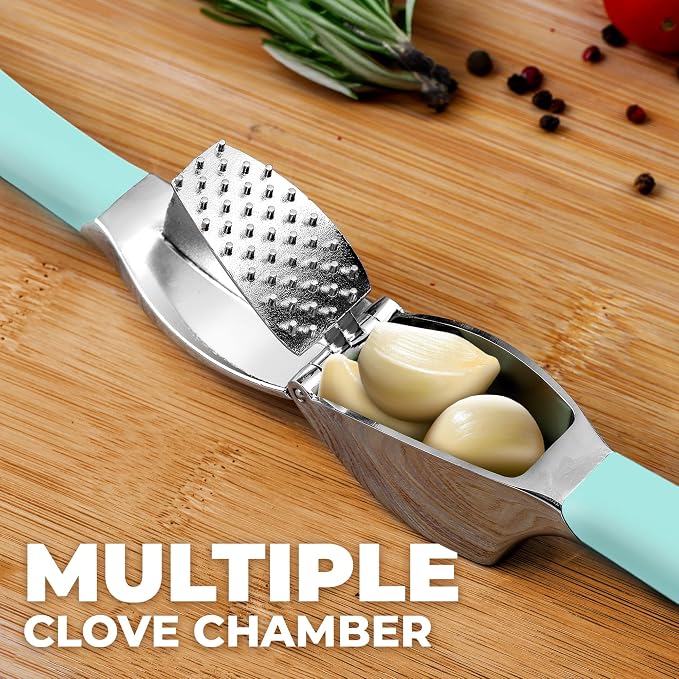 Zulay Kitchen Comfort Grip Garlic Press - Garlic Mincer Tool - Garlic Crusher - Garlic Press Mincer Rust Proof, with Soft Ergonomic Handle, Easy Clean Set with Peeler and Brush - Light Blue