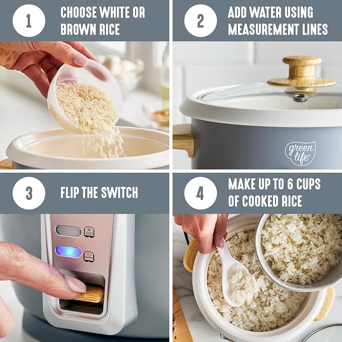 GreenLife Rice Cooker, 3-Cups Uncooked/6-Cups Cooked, Gray | PFAS-Free Ceramic Nonstick Removable Pot, One-Switch Design, Grains Multicooker, Keep Warm, Dishwasher Safe Parts, Easy Clean