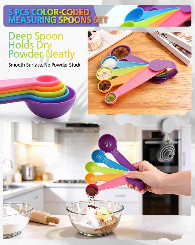 Measuring Cups and Spoons set, Collapsible Measuring Cups, 4 piece Measuring Tool Engraved Metric/US Markings for Liquid & Dry Measuring, Space Saving, BPA Free Silicone, Colorful