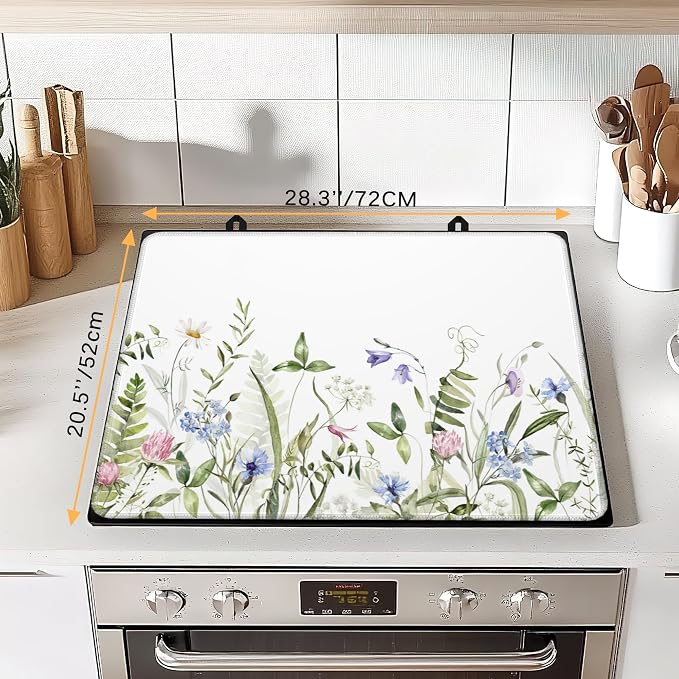Electric Stove Top Cover Protector –Vintage Wild Flowers Glass Flat Top Stove Mat Oven Induction Cooktop Mat for Ceramic Countertop Mats Heat-Resistant Dish Drying Mat