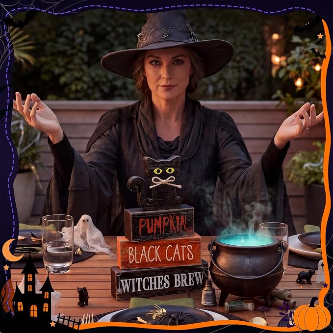 Lineshading 4 Pcs Halloween Black Cat Tiered Tray Decor Wooden Signs | Rustic Farmhouse Tabletop Decoration, Stackable with Halloween Phrases, Seasonal Home Display, Gift-ready Decor Set
