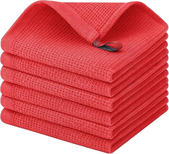 Homaxy 100% Cotton Waffle Weave Dish Cloths, 6 Pack, Red | Soft and Absorbent Dish Towels, 12 x 12 Inches Quick Dry Dish Rags