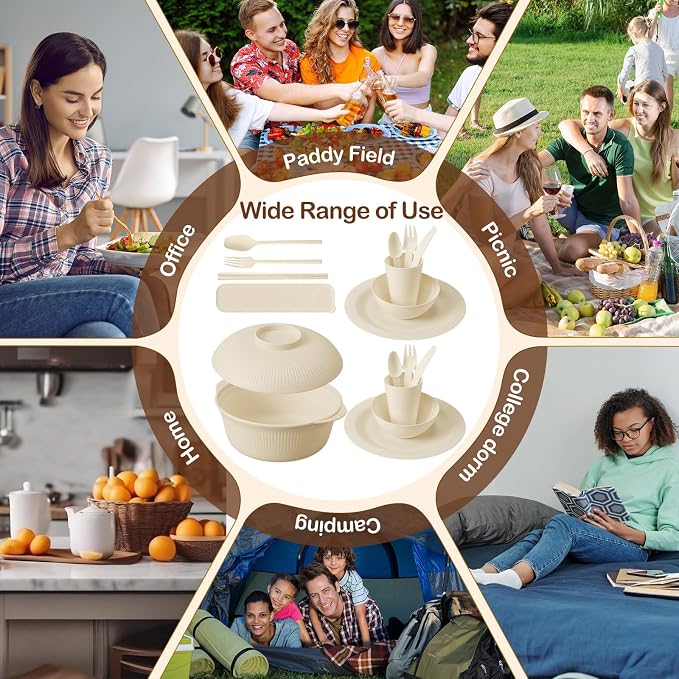 LemonRoad College Dorm Dishes Essential Kit 2 Sets Plastic Plates and Bowls 1 Set 40oz Microwave Cooker Ramen Bowl with Chopstick Spoon Fork Picnic Dinnerware Camping Set for College Dorm Room(Beige)