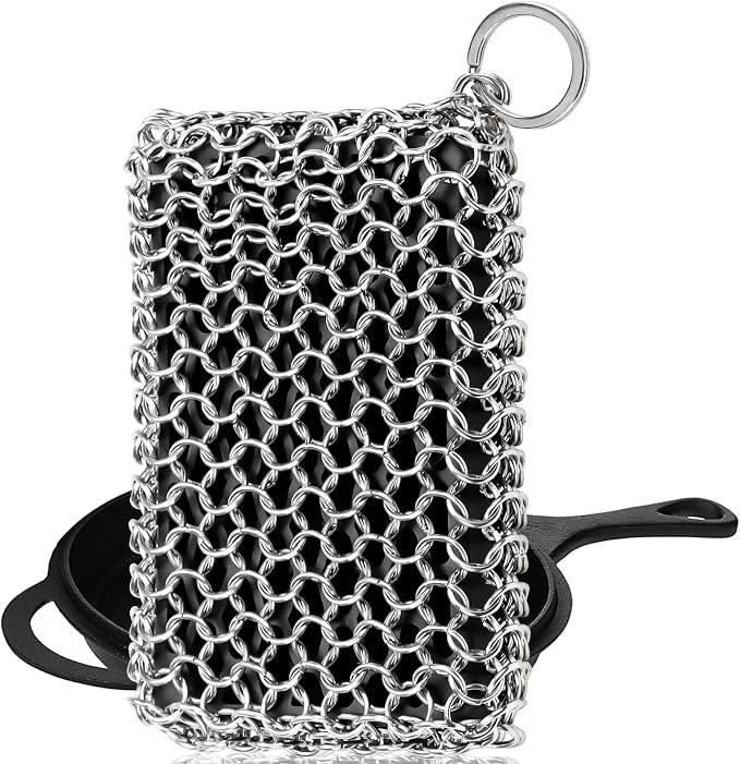 Herda 316L Cast Iron Scrubber Cleaner, Large Chainmail Cast Iron Cleaner | Honeycomb Silicone Insert, Flexible,Stainless Steel Chain Mail Metal Sponge Scrub Skillets,Oven,Flat Top,Grill Pan Pot Brush