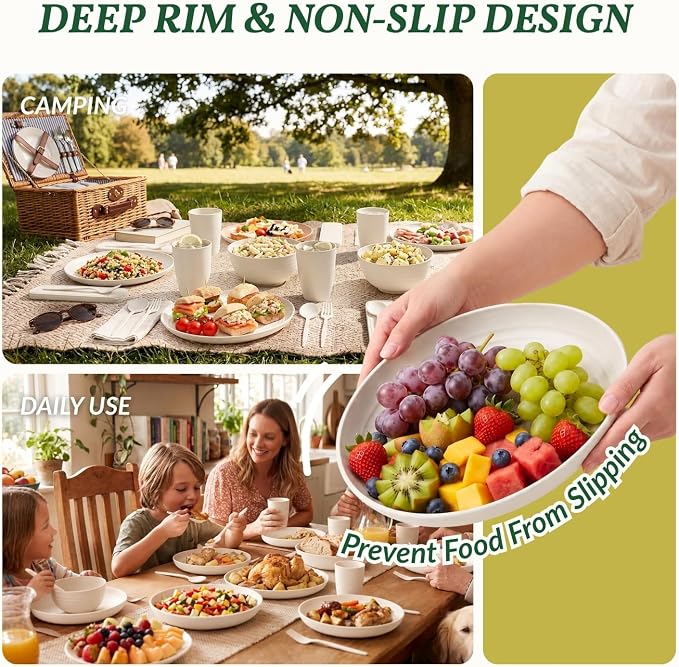 Plates and Bowls Sets 28 PCS Modern Wheat Straw Dinnerware Sets for 4 Unbreakable Kitchen Plate Set - Dinner Plates, Plastic Bowls, Travel Utensils Microwave & Dishwasher Safe (White)