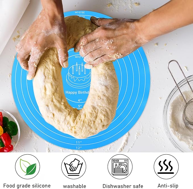 Silicone Baking Mat Cake Mat Round Silicone Baking Mat with Measurements for Cake Turntable Stand Pastry Baking Sheet, Non-Stick and Heat Resistant (Blue)