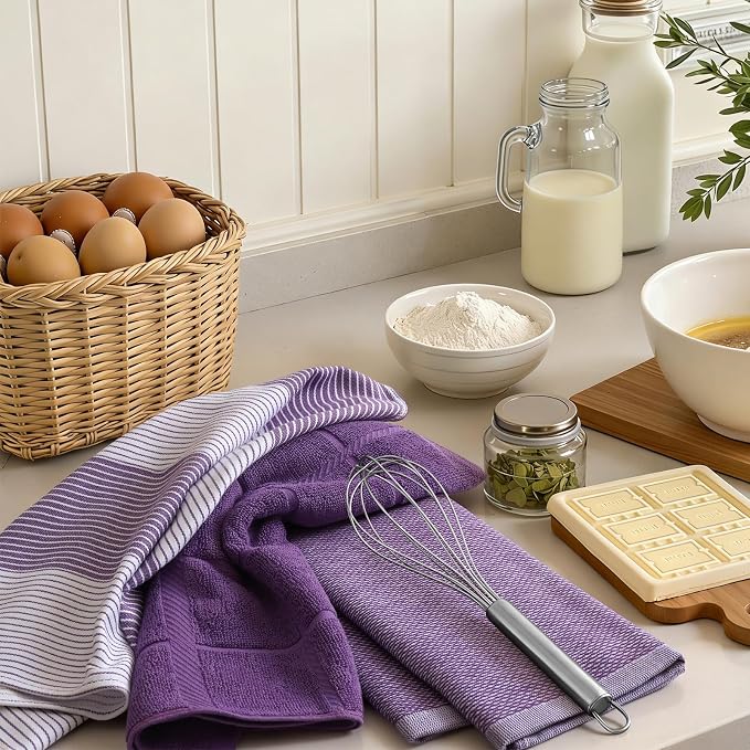 Homaxy 9 Pack Cotton Terry Premium Kitchen Towels, 18 x 28 in, Purple | Large 380 GSM Dish Towels, Highly Absorben Flat & Terry Kitchen Hand Towels, Soft Utility Tea Towel Set with Hanging Loop