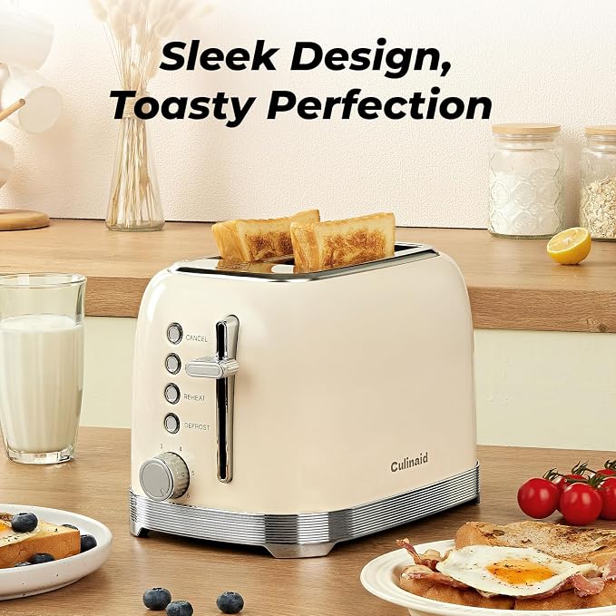 Toaster 2 Slice Retro Stainless Steel, Cream White | 1.5” Extra Wide Slots with Bagel, Defrost, Reheat, Cancel Functions, 6 Bread Shade Settings, Removable Crumb Tray
