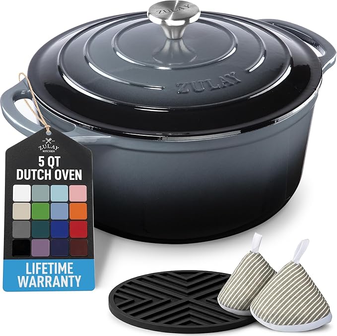 Zulay Kitchen 5 Quart Enameled Cast Iron Dutch Oven Pot with Lid – Premium Durability & Oven Safe up to 500°F – Heavy Duty Cookware Perfect for Bread Baking, Stews, Braising & Roasting – Gray