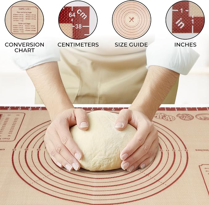 Zulay Kitchen XL Silicone Baking Mat 26x16 Inch – Extra Thick 0.7mm Non-Slip Pastry Mat with Measurements – Reusable Nonstick Sheet for Rolling Dough, Pie Crust & Cookies, Large Countertop Liner - Red