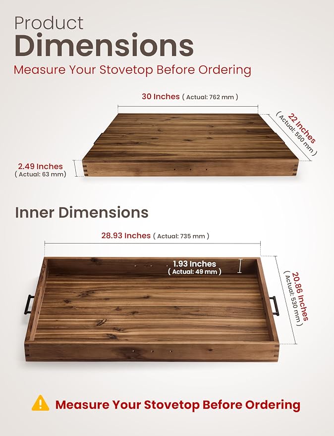 TIDITA Stove Top Covers for Electric Stove, Noodle Board, 30”x22” (Outer) | 28.9”x20.8” (Inner), Walnut color, Acacia Wood, Metal Handles, Non-Skid Pads, Noodles Board Stove Cover, Easy Assembly