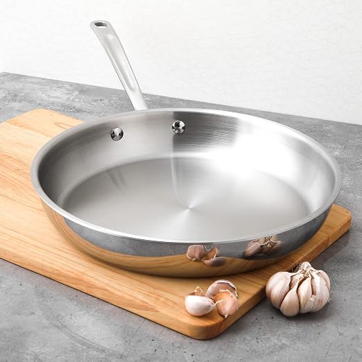 Amazon Basics Tri-Ply Stainless Steel Fry Pan, 12 inch, Silver, Evenly Distributes Heat, Sturdy Handle