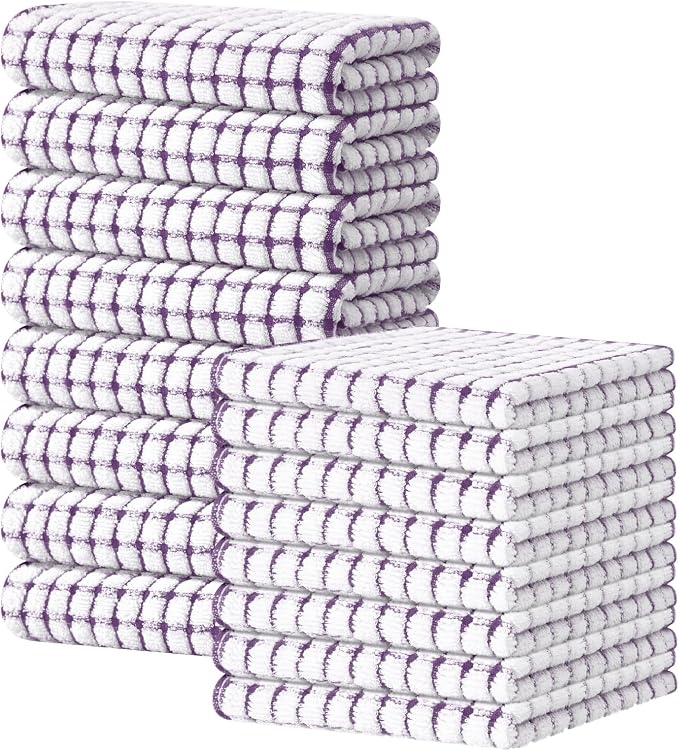 Kitinjoy Cotton 16 Pack Kitchen Towels and Dishcloths Sets, Purple | 16 x 25 Inch & 12 X 12 Inch Dish Towels Bulk, Super Soft and Absorbent hand towels for kitchen Drying