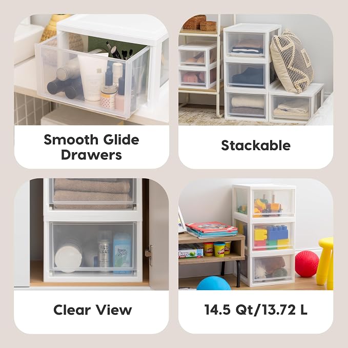 IRIS USA 3-Pack, 14.5 Qt. Stacking Drawer Storage Organizer, White | Store clothing, accessories, pantry items, and household essentials around your home with organized storage solutions