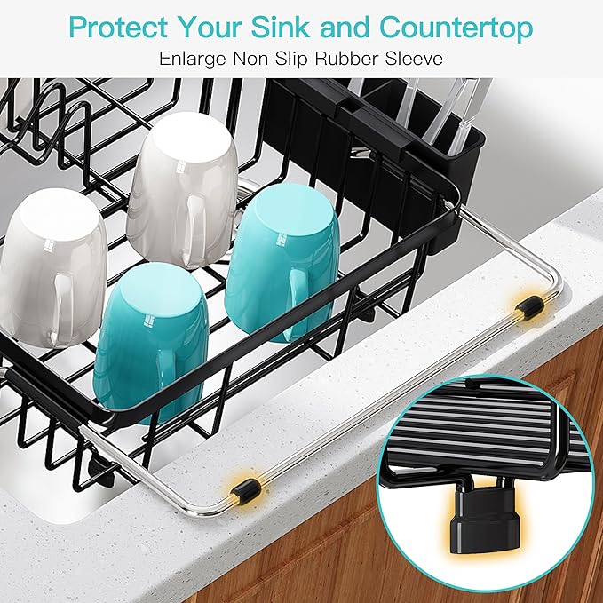 JASIWAY Black Dish Drying Rack Over the Sink with Utensil Holder | Expandable Stainless Steel Dish Driainers for Small Kitchen, Counter Space Saving, Fast Drain, Rust Resistant, For Apartment