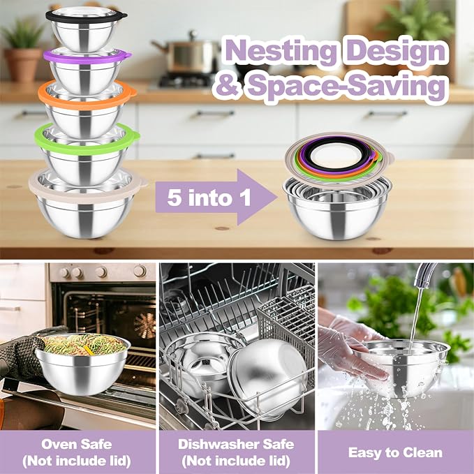 TeamFar Mixing Bowls Set, 4.5/3/1.5/1/0.7 QT Salad Bowl with Lids, Colorful | Stainless Steel Nesting Bowls with Visible Airtight Lids, For Serving/ Mixing/ Storing, Non-Toxic & Dishwasher Safe, Set of 5