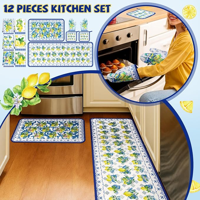 Fourluoo 10 Pcs Lemon Kitchen Decor Set Lemon Kitchen Towels Rugs Oven Mitts and Pot Holders Kit for Summer Baking Cooking Chef