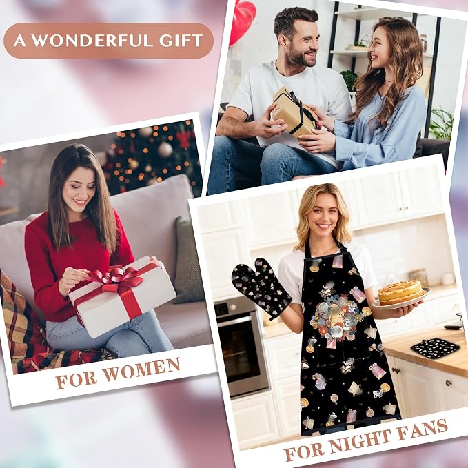 Night Christmas Gifts,Magic Pattern Wooden Cooking Spoons with Apron Oven Mitt Potholder-Halloween Kitchen Decor Cooking Utensils 9pcs,Night Gift for Fans,Women,Mother's Day,Housewarming