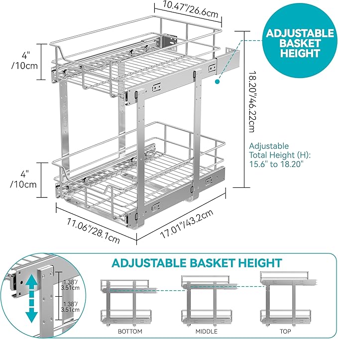 2 Tier Pull Out Cabinet Organizer 11" W X 17" D, Chromed, Full Slide Out | For Kitchen Organizers and Storage, Pull Out Drawers For Cabinets Capacity Heavy Duty Caddy, Cabinet Shelves, Bathroom Pantry
