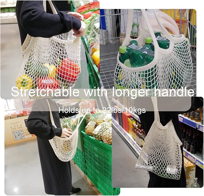 meetall Netted Tote Bags for Grocery, Reusable Cotton String Market Mesh Bags with Sturdy Handle - Eco Friendly Washable Produce Storage, 5 Pack 2 Sizes Off White