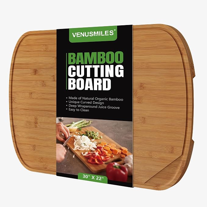 Bamboo Cutting Board For Kitchen, 30"L x 22"W x 1"H, Extra Large Butcher Block Chopping Board with Deep Juice Grooves & Back Inner Handle, Large Charcuterie Board - Carbonized