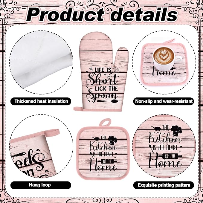 Fourluoo 10 Pcs Pink Kitchen Decor Set Pink Woodgrain Dish Towels Kitchen Rugs Oven Mitts and Pot Holders Farmhouse Decor for Cooking Baking Grilling Women Mom Gift