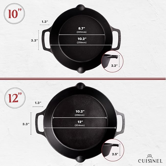 Cast Iron Skillet Set - 10" + 12"-Inch Dual Handle Frying Pans + Silicone Handle Holder Covers + Pan Scraper - Pre-Seasoned Oven, Grill, Stovetop, Induction Safe Kitchen Cookware - Indoor/Outdoor Use