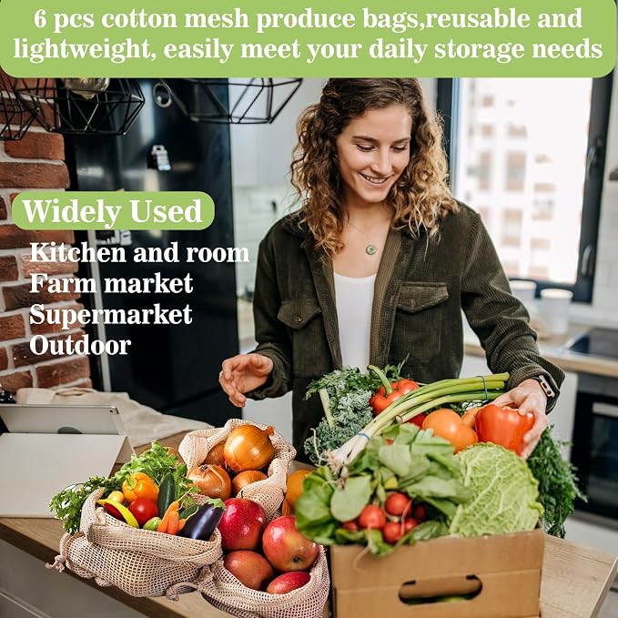 MAQIHAN Reusable Cotton Mesh Produce Bags - 6 Pack Mesh Storage Produce Bag | Durable Double Stitched Bags with Drawstring for Vegetables, Fruit and Grocery Shopping, 2L, 2M and 2S