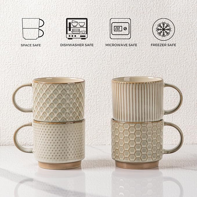 GBhome 8 OZ Stackable Coffee Mugs Set of 4, Ceramic Coffee Cups Set | 4 Assorted Designs, Embossed Mugs with Texture Patterns for Espresso/Tea, Dishwasher&Microwave Safe, Khaki