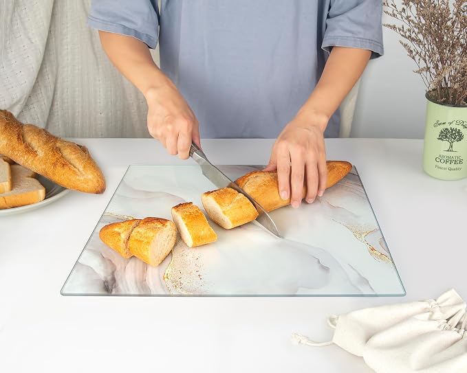 Glass Cutting Board 16"x12": Tempered Glass Kitchen Counter Protector - Durable- Scratch-Resistant, Heat-Proof - Design 7 - White & Gold
