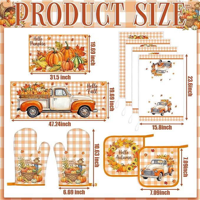 Fourluoo 10 Pieces Fall Thanksgiving Kitchen Decor Set Fall Pumpkin Towels Oven Mitts Pot Holders Rugs Farmhouse Rustic Kitchen Set for Chef Baking Cooking Grilling BBQ Women Mom Gift