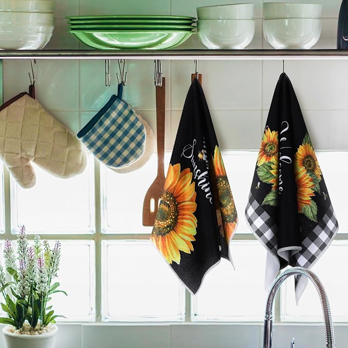 4 Pcs Sunflower Kitchen Towels Buffalo Plaid Towels Gifts | Black White Floral Hand Tea Dish Cloth Fast Drying Absorbent Housewarming Gift for Summer Xmas Home Cooking Kitchen Bathroom