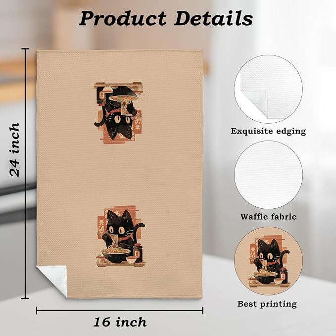 Funny Black Cat Kitchen Towels Set of 2, Sushi Cat Lover Gifts Dish Towels, Japanese Ramen Noodles Sushi Black Kitty Decorative Hand Towels 16x24 Inch