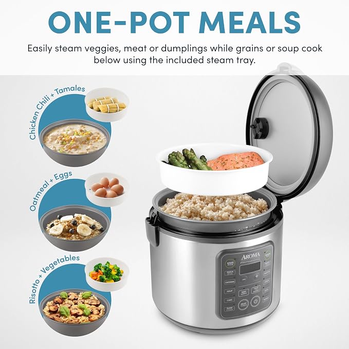 AROMA Professional Digital Rice Cooker, 10-Cup (Uncooked) / 20-Cup (Cooked), Multicooker, Slow Cooker, Steamer, Oatmeal Cooker, Egg Cooker, STS, 5 Qt, Gray, ARC-5200SG