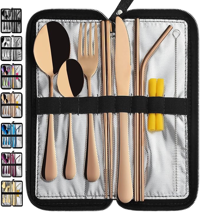 Portable Travel Utensils, Reusable Silverware with Case for Fixing Tableware, 9 Pieces Stainless Steel Stable Flatware Set, Camping Picnic Cutlery Set (Rose Gold Set)