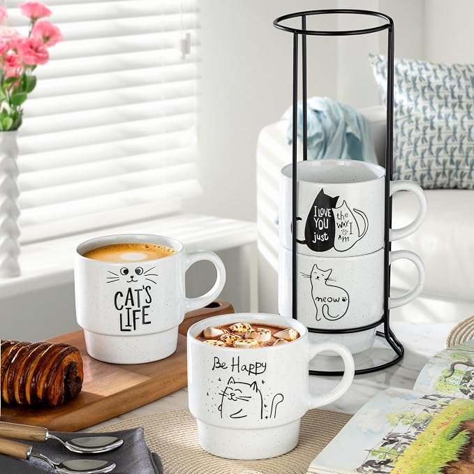 Signature Housewares Stackable Coffee Mug Tower Set with Metal Wire Rack - 15 Ounce Coffee Mugs for Coffee, Tea, Cocoa, Milk, Cappuccino, Hot Chocolate Set of 4 - Cat's Life