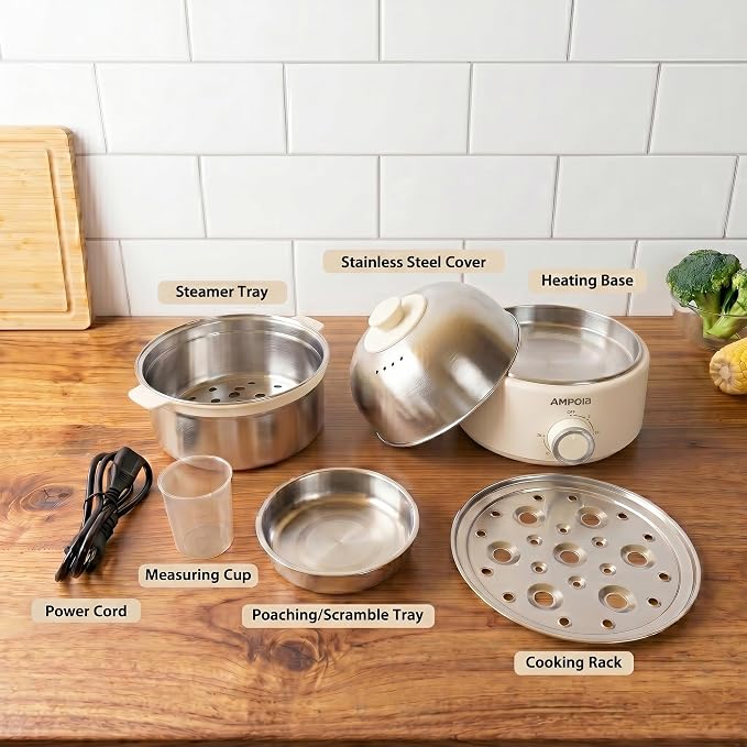 14 Eggs Electric Egg Cooker, 350W Rapid Egg Boiler with 30-Min Timer & Auto Shut-Off, Stainless Steel, Dishwasher Safe for Soft, Medium, Hard Boiled, Steamed Eggs, Vegetables & Seafood, Beige