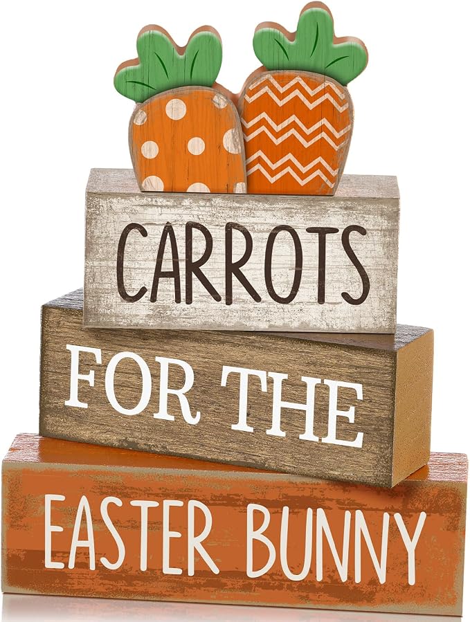 Lineshading 4 Pcs Wooden Tiered Tray Decor, Farmhouse Carrots Block Signs | Rustic Wooden Signs with Carrot Cutouts, Easter Spring Tabletop Decorations, Stackable for Farmhouse Home Displays