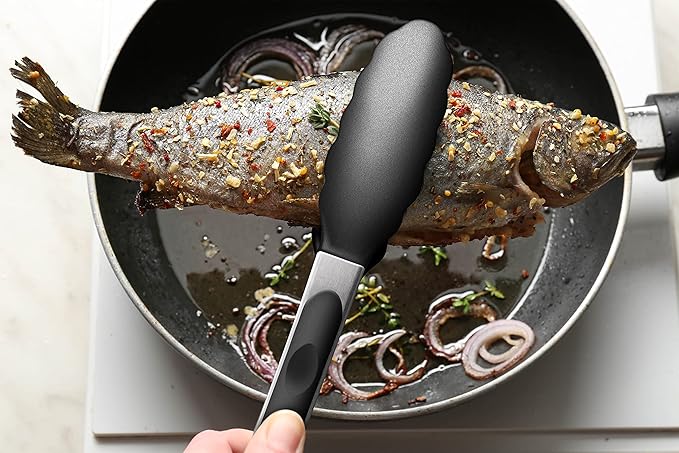 2 Pack Silicone Kitchen Tongs, 9 & 12 Inch, Stainless Steel, Black