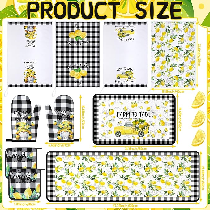 Fourluoo 10 Pcs Lemon Kitchen Decor Set Dish Towels Kitchen Rugs Oven Mitts and Pot Holders for Cooking Baking Grilling Women Mom Gift