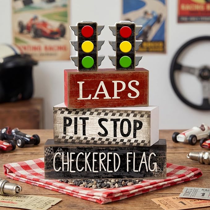 Lineshading 4 Pcs Race Car Wooden Tiered Tray Decor Tabletop Block Signs | Traffic Lights Pit Stop Checkered Flag Design, Boys Racing Birthday Party Room Decorations, Theme Display