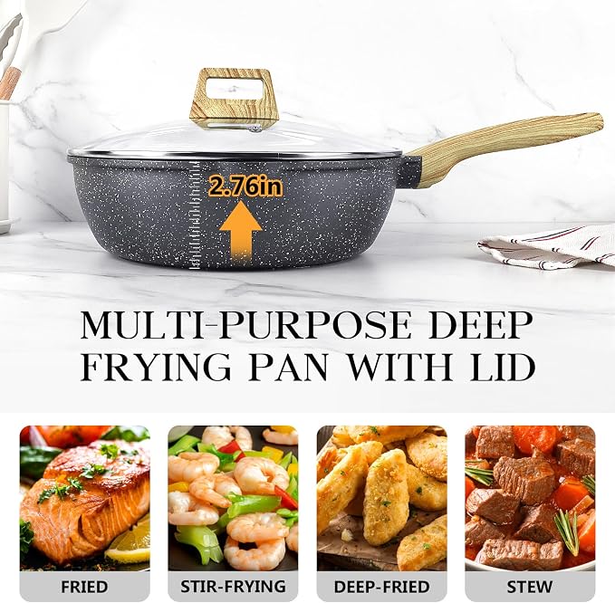 GiPP Nonstick Deep Frying Pan Skillet, 9.5" Saute Pan with Lid, Granite Induction Cookware Non Stick Cooking Pan, PFOA PFOS APEO Free